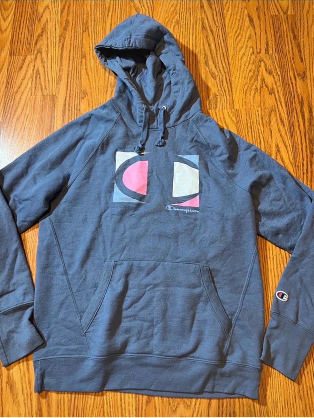 Champion womens Slate Blue Hoodie with Pink & White Logo size medium